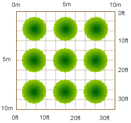 Fruit tree spacing diagram using dwarf rootstocks such as M9